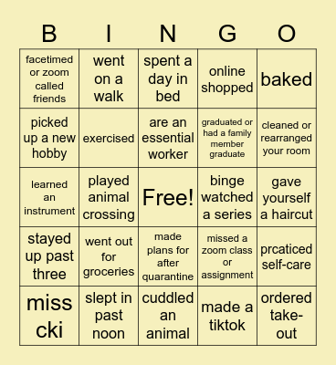 Sunny Side Quarantine Bingo Card