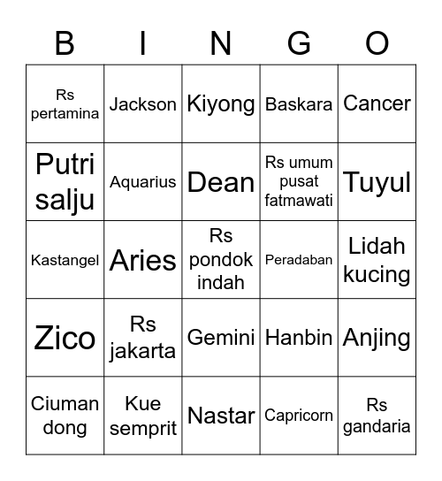 K Bingo Card