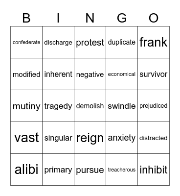 Vocabulary Grade 5 Bingo Card