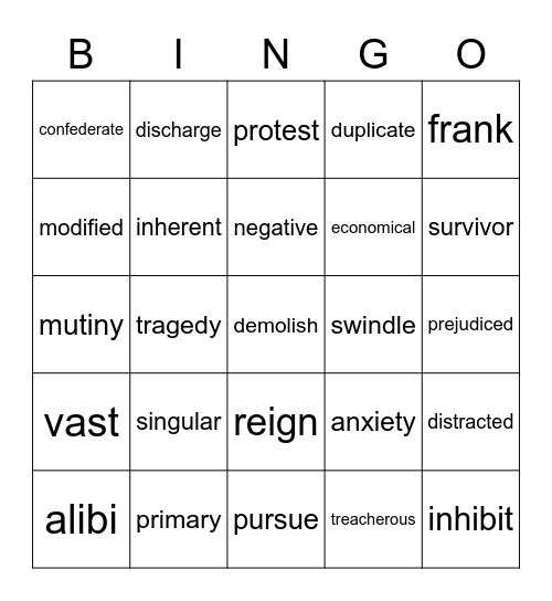 Vocabulary Grade 5 Bingo Card