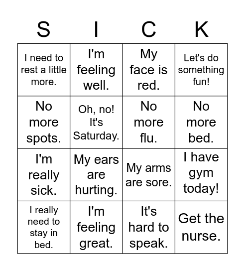 I'm Really Sick! Bingo Card