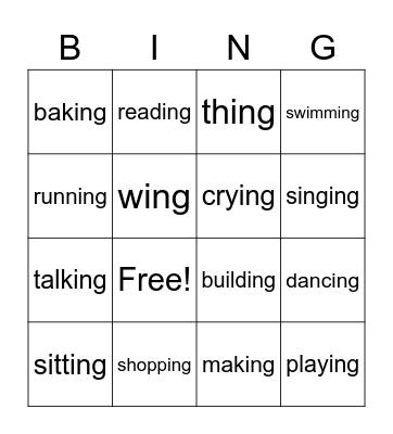 Phonics: ing Bingo Card