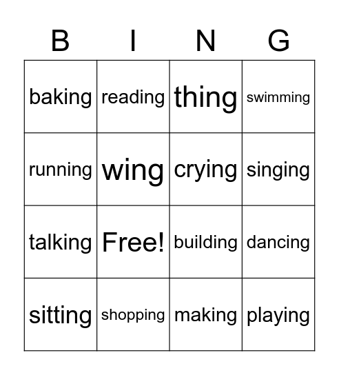 Phonics: ing Bingo Card