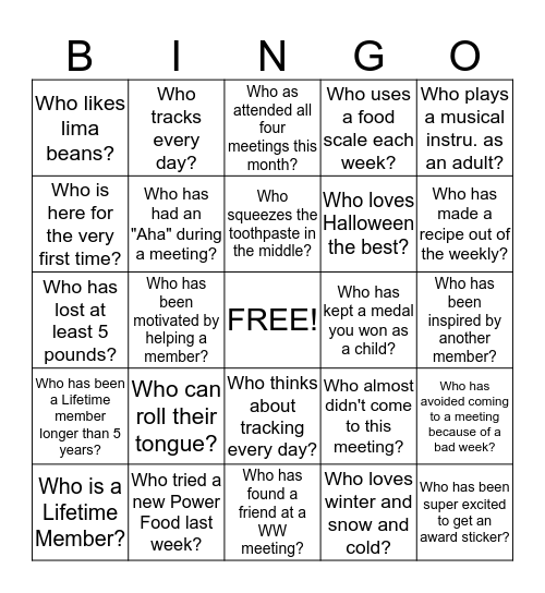 WEIGHT WATCHER BINGO Card