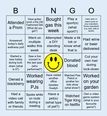 Guelph Virtual Hangout Bingo Card