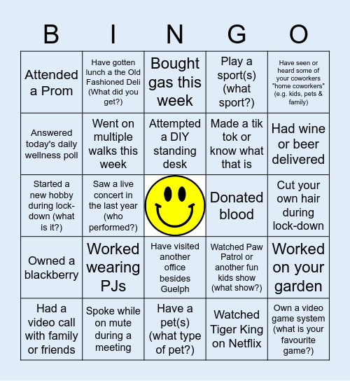 Guelph Virtual Hangout Bingo Card