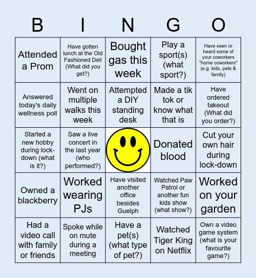 Guelph Virtual Hangout Bingo Card