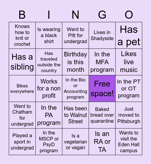 Chatham Grad Student Get-to-know-you Bingo Card