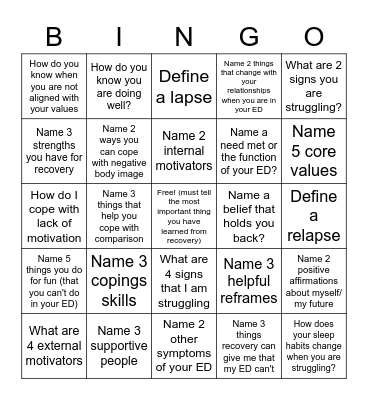 Eating Disorder Relapse Prevention Bingo Card