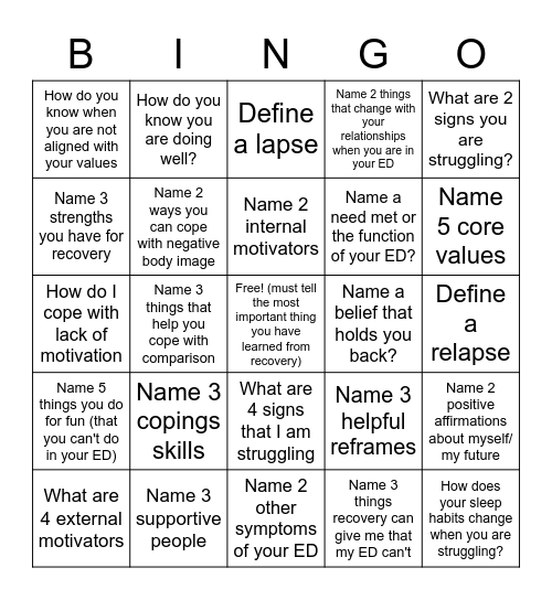 Eating Disorder Relapse Prevention Bingo Card