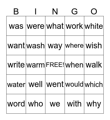 Important W Words Bingo Card