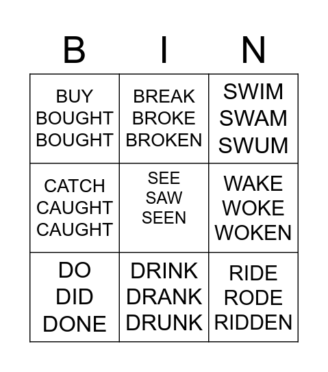 IRREGULAR VERBS Bingo Card