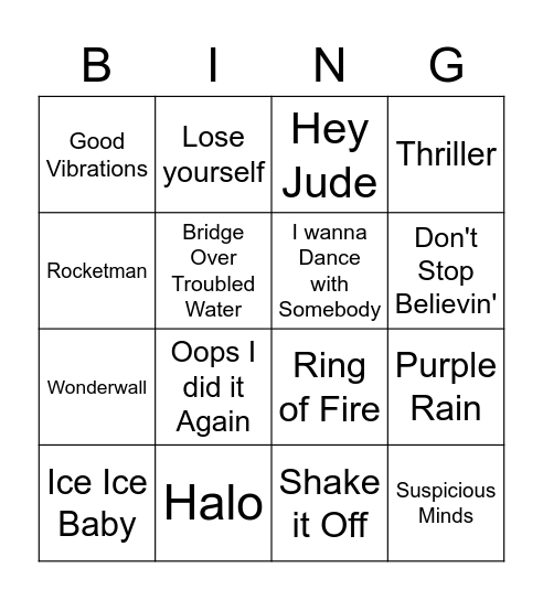 Songs Bingo Card