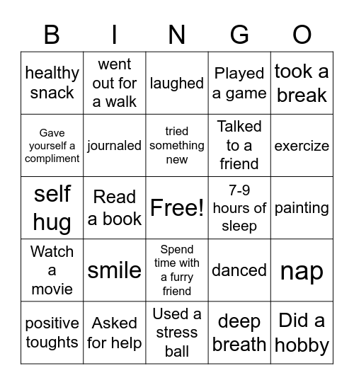 Mental Health Awareness Bingo Card