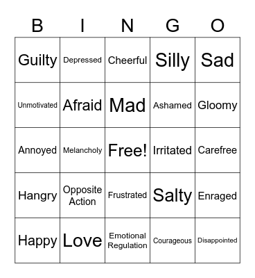 Opposite Action Emotions Bingo Card