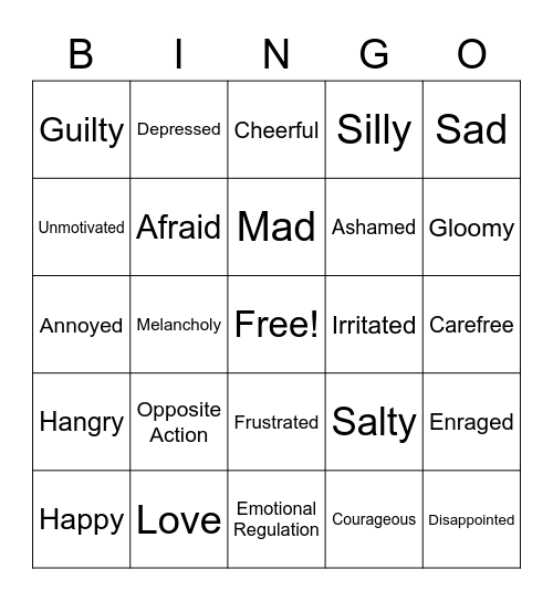 Opposite Action Emotions Bingo Card