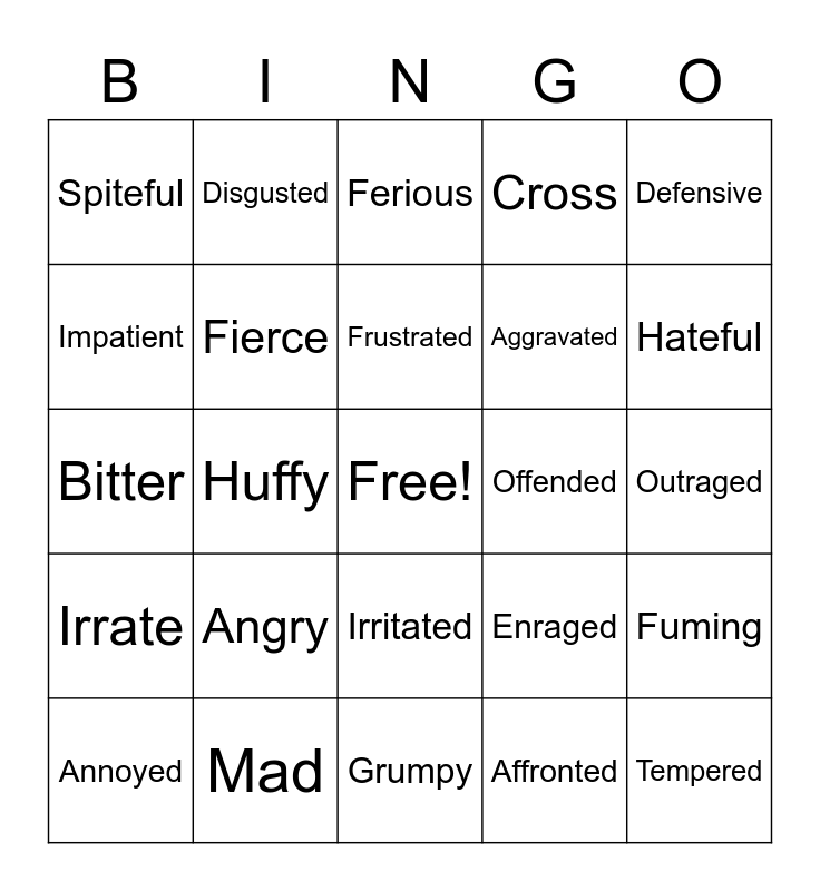 Emotion Words for Anger Bingo Card