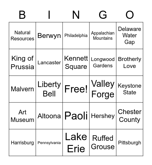 Pennsylvania Bingo Card