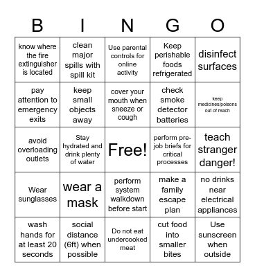 Safety Bingo Card