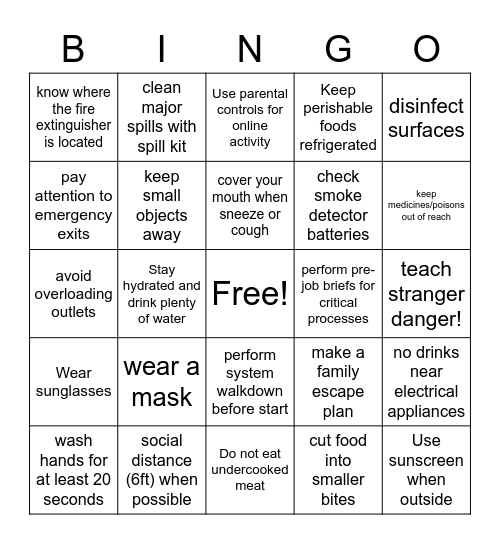 Safety Bingo Card