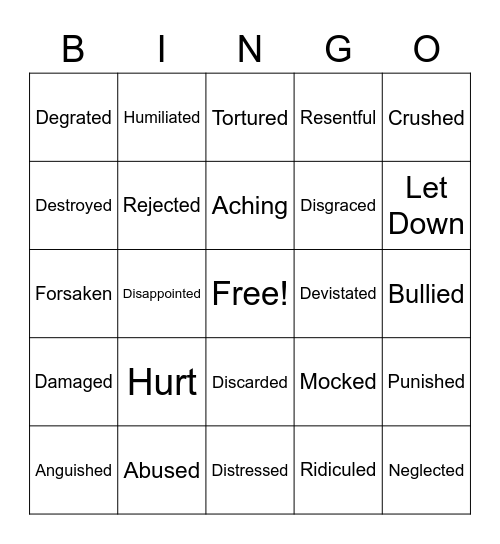 Emotion words for Hurt Bingo Card