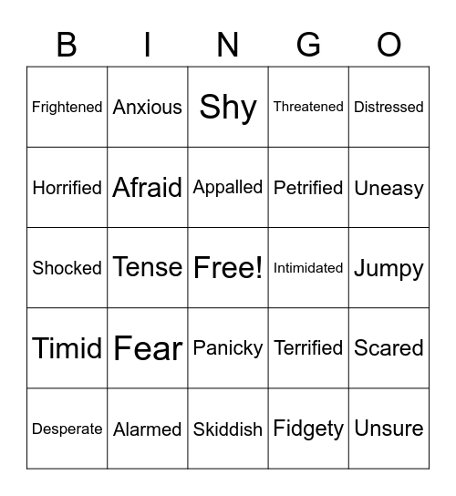 Emotion Words for Fear Bingo Card