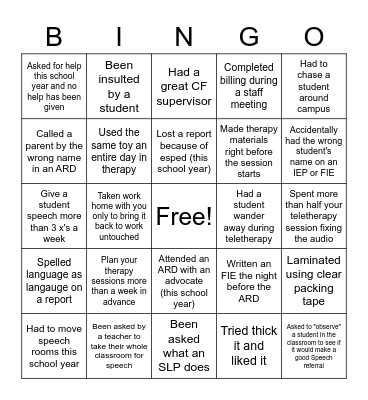 School Based SLP Bingo Card