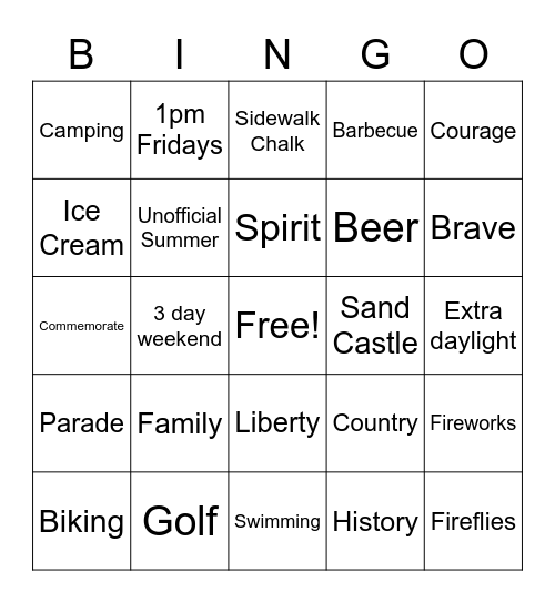 Memorial Day / Summer Bingo Card