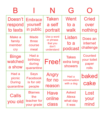 Quarantine Bingo Card