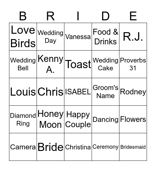 Isabel's Bridal Shower Bingo Card