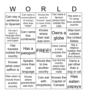 WORLD FRIEND BINGO Card