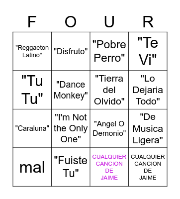 Four Songs Bingo Card