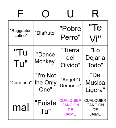 Four Songs Bingo Card