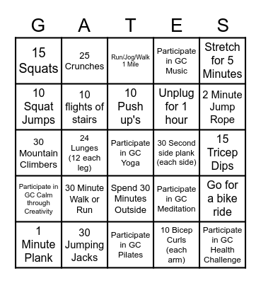 Gates Chili Fitness Bingo Card