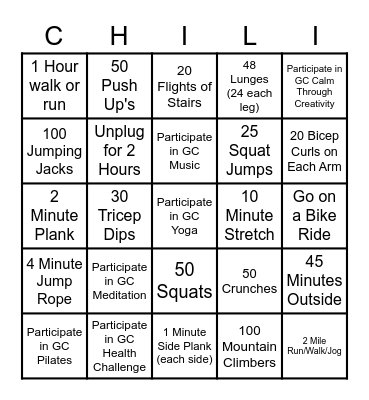 Gates Chili Fitness Bingo Card