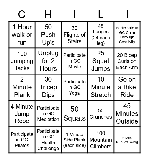 Gates Chili Fitness Bingo Card