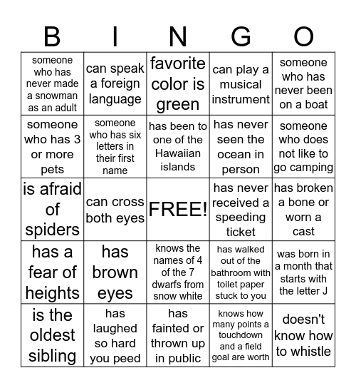 GET TO KNOW YOU Bingo Card