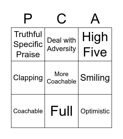 PCA- Emotional Tank Fillers Bingo Card