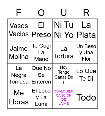 Four Songs Bingo Card