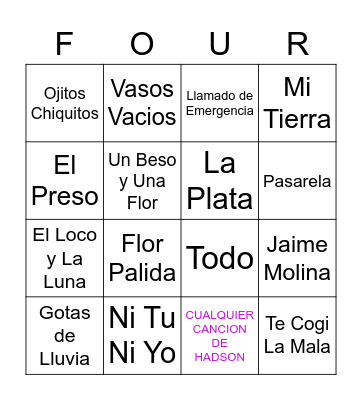 Four Songs Bingo Card