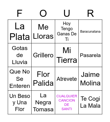 Four Songs Bingo Card