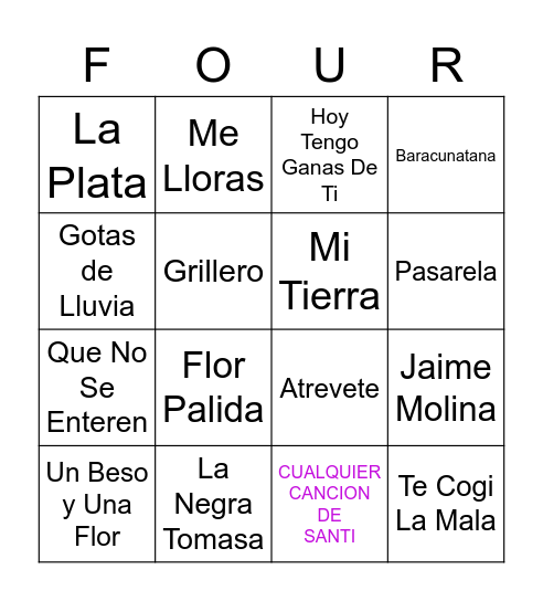 Four Songs Bingo Card