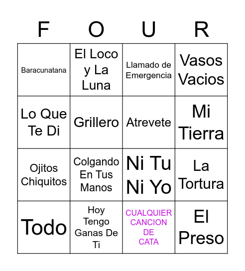 Four Songs Bingo Card