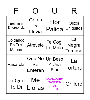 Four Songs Bingo Card