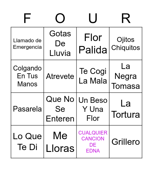 Four Songs Bingo Card