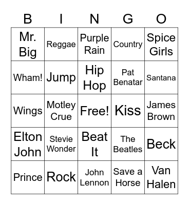 Songs/Music Bingo Card