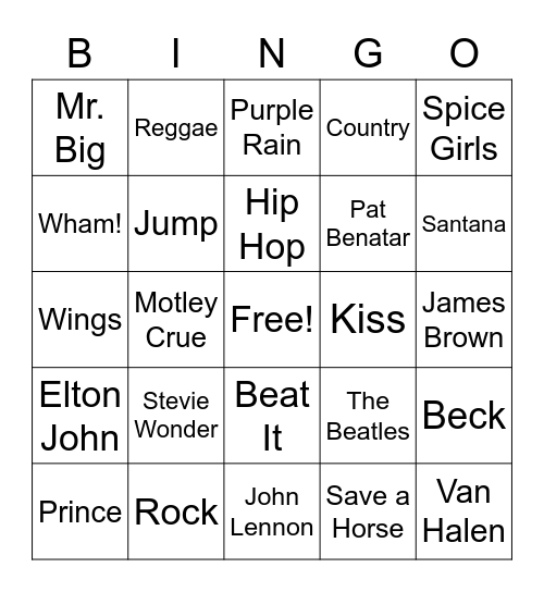 Songs/Music Bingo Card