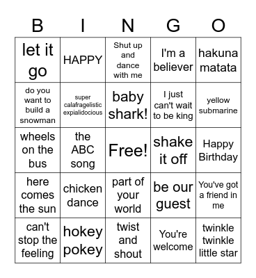 Kiddie Dance Party Bingo Card