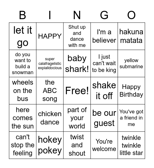 Kiddie Dance Party Bingo Card