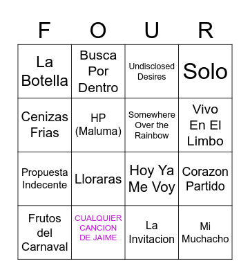 Four Songs Bingo Card